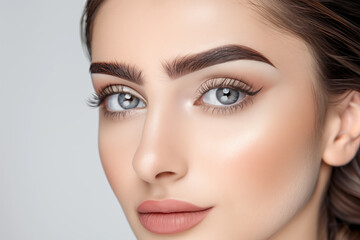 Fototapeta premium Beautiful portrait of a young woman with flawless makeup showcasing striking blue eyes and perfectly styled brows
