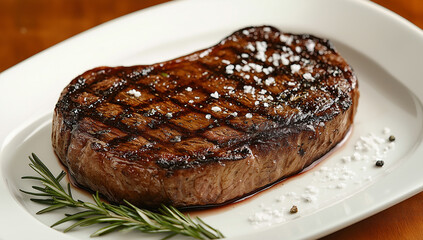 Cooked steak with visible grill marks, placed on a white plate. The steak is garnished with a fresh sprig of rosemary and sprinkled with coarse salt, creating an appetizing presentation.
