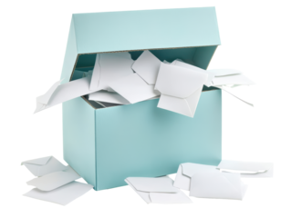 Isolated Open Box with White Envelopes Spilling Out