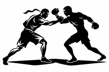 boxing match featuring two men fighting line art silhouette vector illustration