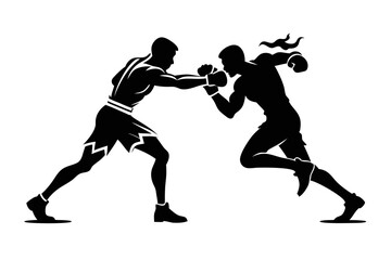 boxing match featuring two men fighting line art silhouette vector illustration
