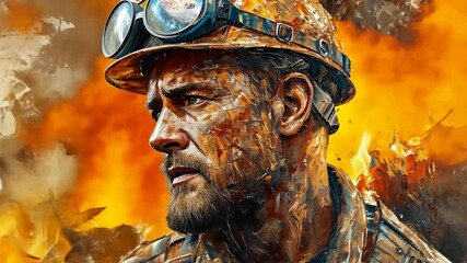 Portrait of a miner amidst a fiery backdrop showcasing bravery and resilience during a challenging moment in the mines