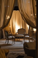 Golden Hour in a Room with Antique Chairs and Sheer Curtains