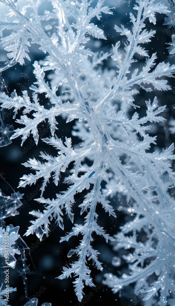 Poster intricate frozen snowflake captured in high detail on dark background