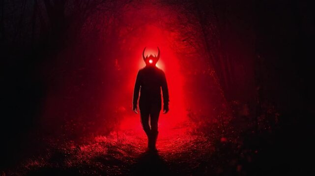 The devil walked confidently through the red light, casting an eerie shadow on the pavement.