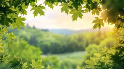 Fototapeta premium Serene Summer Landscape Framed by Lush Green Leaves