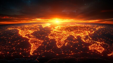 A vibrant depiction of the illuminated world from space with a sunset