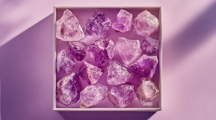 A set of shimmering amethyst stones arranged neatly in a square case, resting on a lavender background