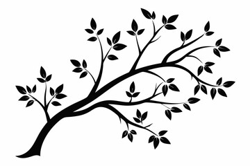 decorative tree branch with small leaves line art silhouette vector illustration