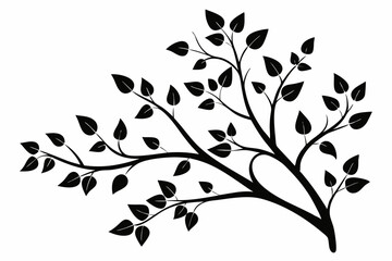 decorative tree branch with small leaves line art silhouette vector illustration