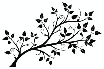 decorative tree branch with small leaves line art silhouette vector illustration