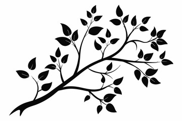 decorative tree branch with small leaves line art silhouette vector illustration