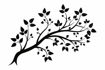 decorative tree branch with small leaves line art silhouette vector illustration