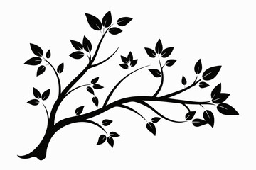 decorative tree branch with small leaves line art silhouette vector illustration