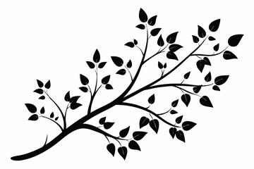 decorative tree branch with small leaves line art silhouette vector illustration