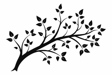 decorative tree branch with small leaves line art silhouette vector illustration