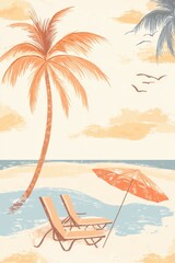 Tranquil Beach Paradise: Palm Trees, Lounge Chairs, and a Calm Ocean