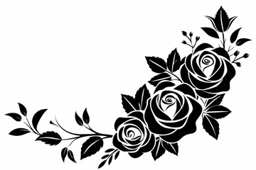 delicate floral corner element featuring roses line art silhouette vector illustration