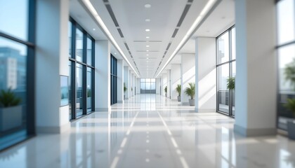 Bright and modern empty office hallway with large windows and a reflective floor, presented with a soft focus.