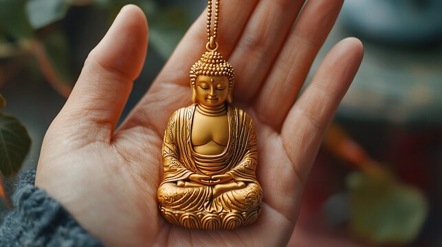 Close-up of a person holding a gold buddha statue with intricate details representing spiritual significance