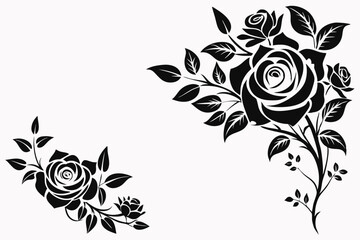 delicate floral corner element featuring roses line art silhouette vector illustration