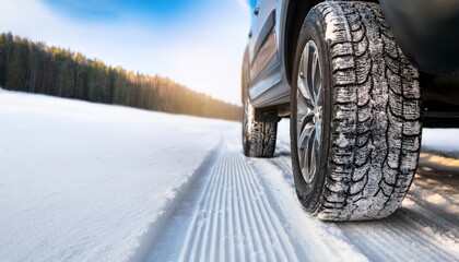 Winter tire. SUV car on snow road. Tires on snowy highway detail. close up view.