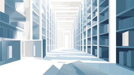 Obraz premium The image presents a digitally rendered, abstract architectural visualization. It depicts a long corridor or hallway lined with numerous bookshelves on both sides. The shelves are rendered in