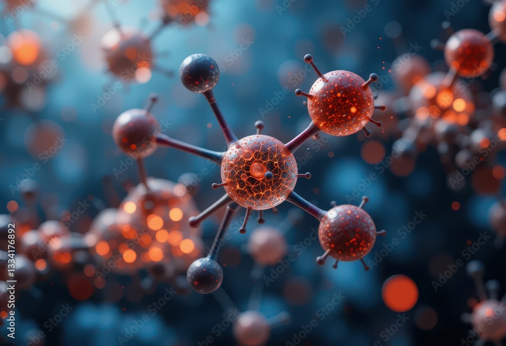 Poster 3d rendering of abstract molecular structure in blue and orange tones