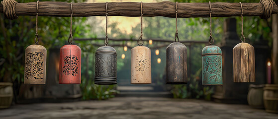 Decorative Bells: A row of intricately designed decorative bells hangs from a wooden beam, adding a touch of rustic charm and a hint of whimsical delight to an outdoor setting