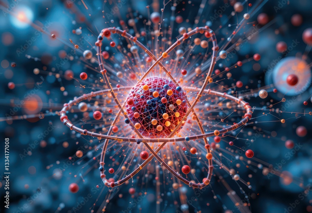 Poster colorful atomic model with energy rays in abstract space environment