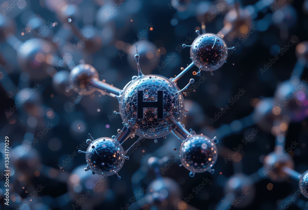 Poster abstract representation of hydrogen molecule with molecular structure