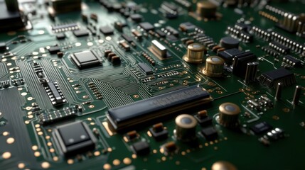 Close-up View of Complex Green Circuit Board with Electronic Components