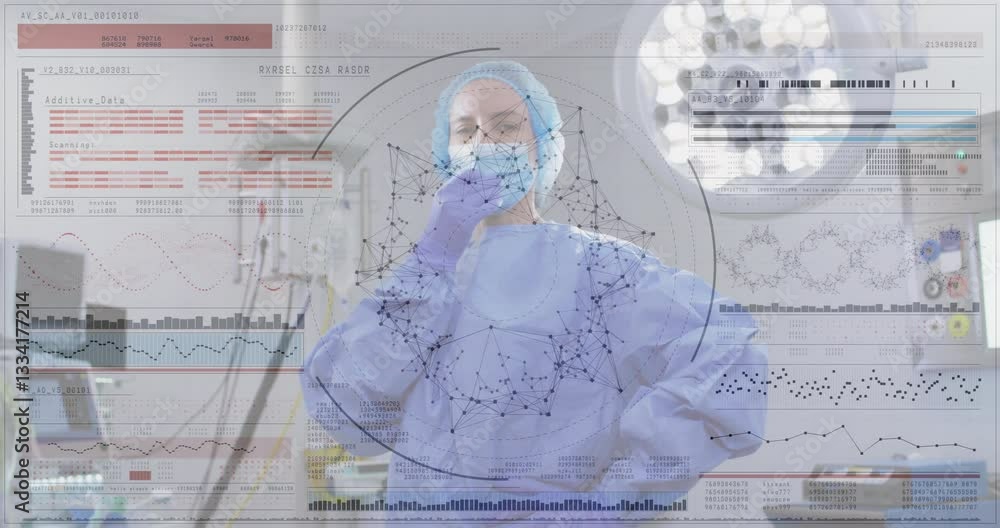 Poster medical professional in operating room with data processing animation overlay