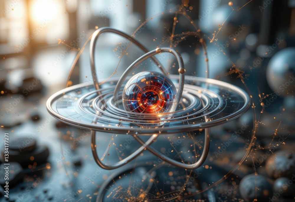 Aufkleber concept of atom with rings and inner core in abstract environment