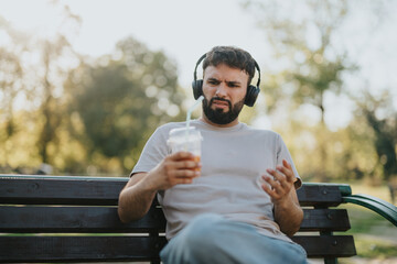 A man sitting on a park bench, wearing headphones, gazes skeptically at his drink. The sunny outdoor setting and his puzzled expression create a humorous and relatable scene.