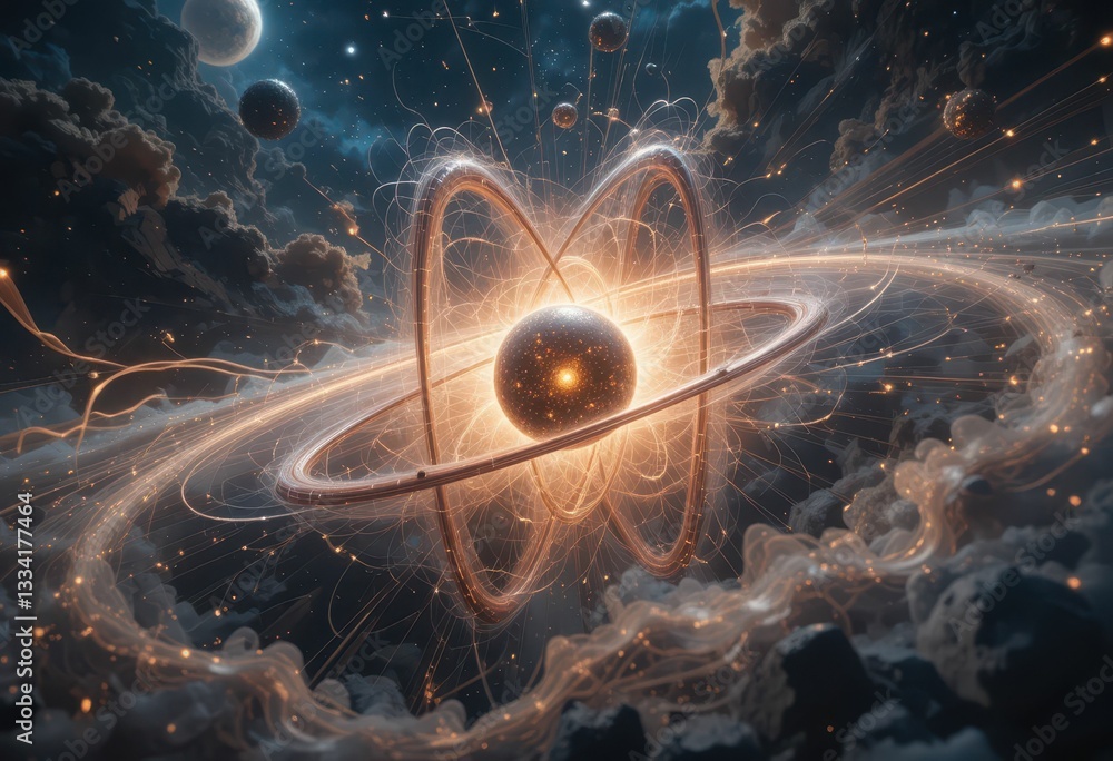 Poster cosmic atom structure with glowing orbits and stellar background