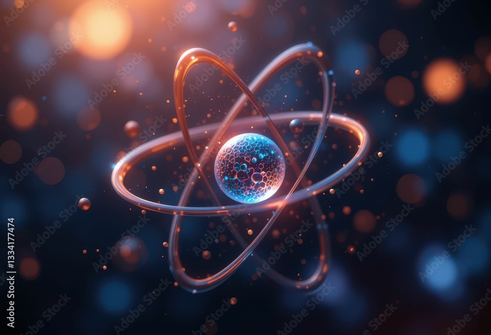 Poster abstract representation of atom with colorful energy particles floating