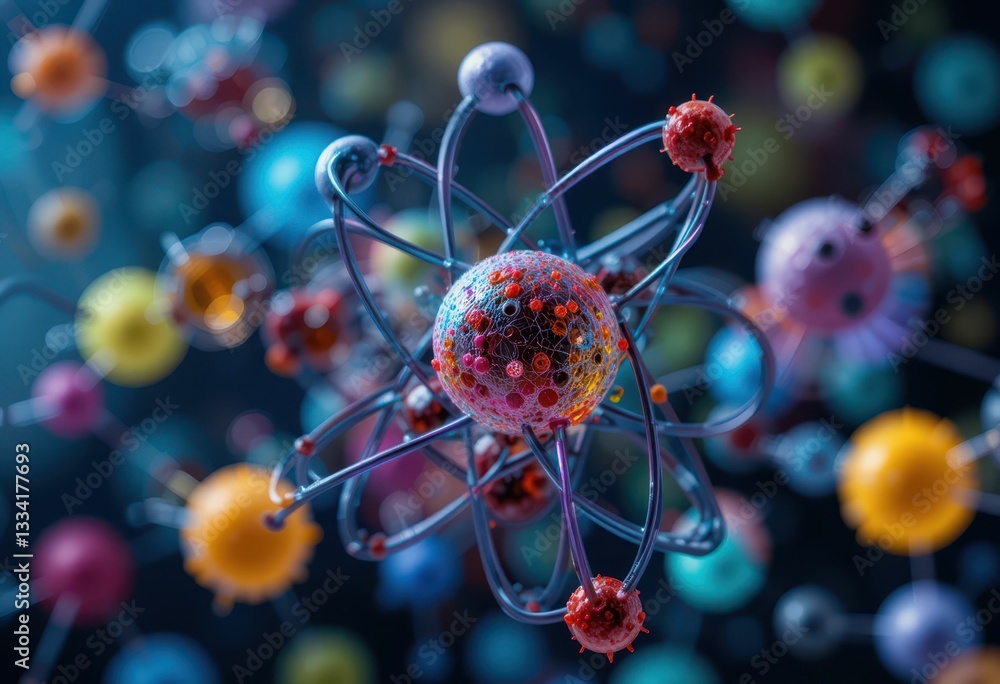 Poster colorful atomic structure with particles in a dark background