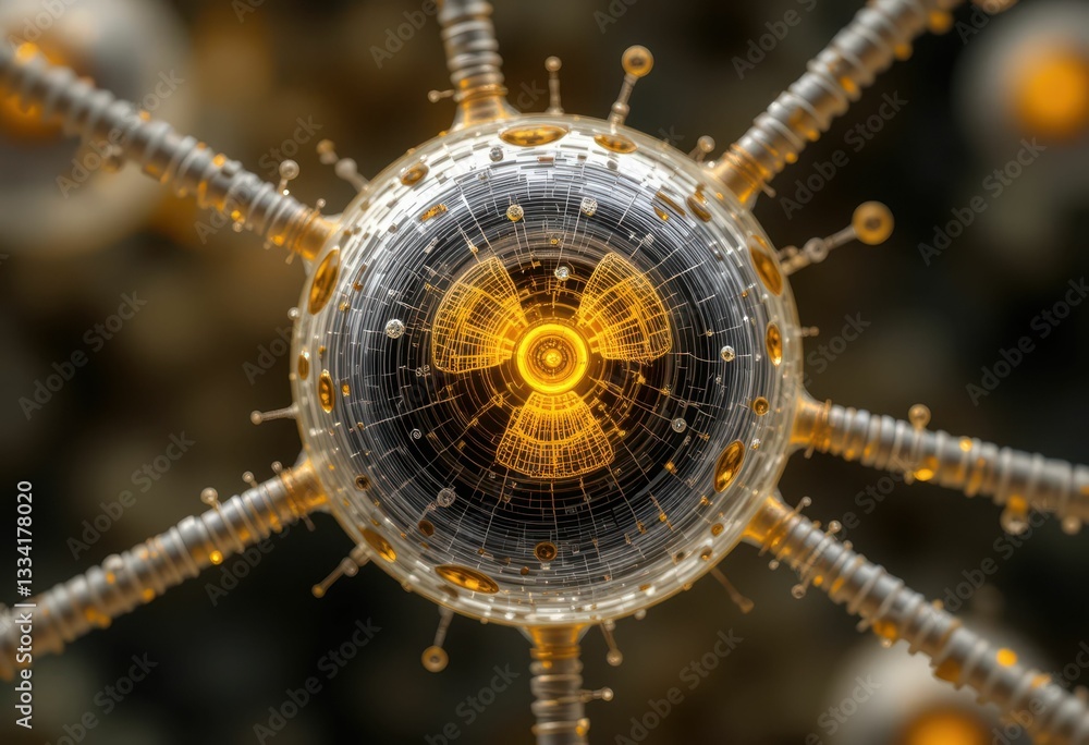 Poster intricate visualization of atomic structure with radial energy patterns