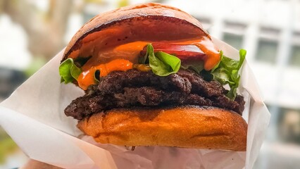 Close up of double cheese burger 2 patties Japan wagyu beef 