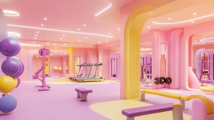 Pink gym interior design, fitness equipment, workout space, pastel colors, arches