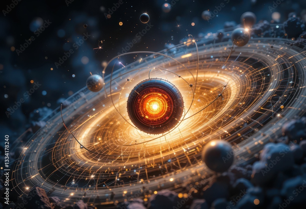 Poster cosmic core surrounded by orbiting planets and glowing lines
