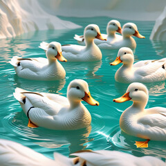 Obraz premium Placeholder Illustrative generative AI content depicts a group of white ducks in a blue body of water. In the background are white glacial looking ice formations.