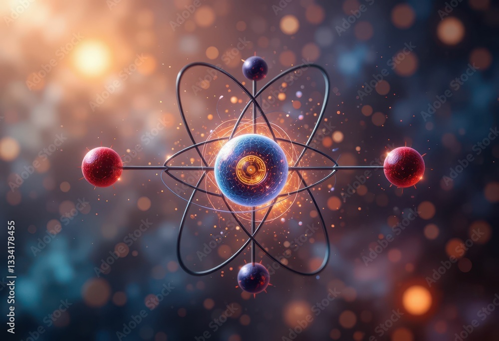 Poster conceptual illustration of an atom with colorful particles floating