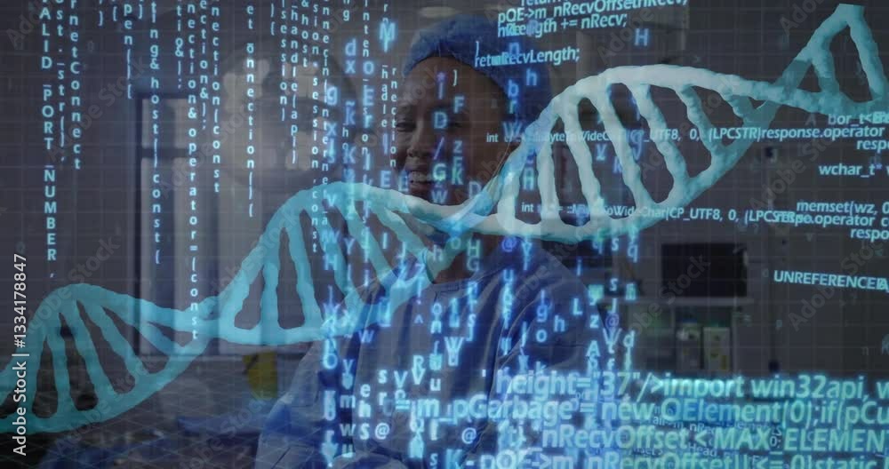 Poster animation of dna strand and binary coding with healthcare professional in school