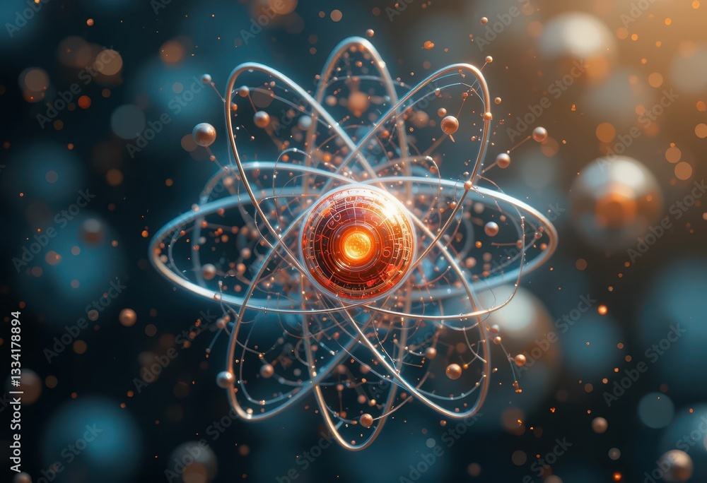 Poster abstract representation of an atom with orbiting electrons and neutrons