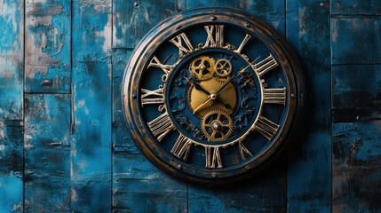 Obraz premium Antique Wall Clock with Roman Numerals and Gears on Blue Background