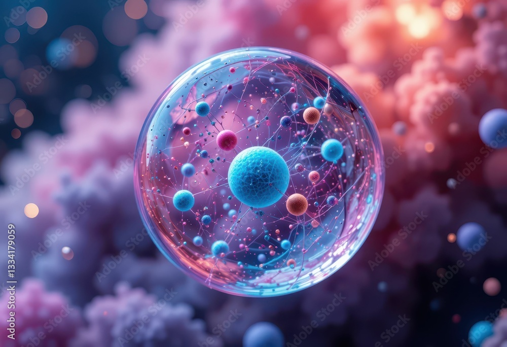 Poster abstract representation of atomic structure with vibrant energy glow