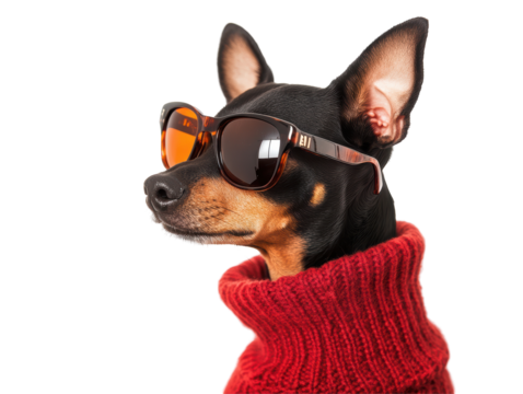 Isolated Trendy Miniature Pinscher Puppy with Retro Orange Sunglasses