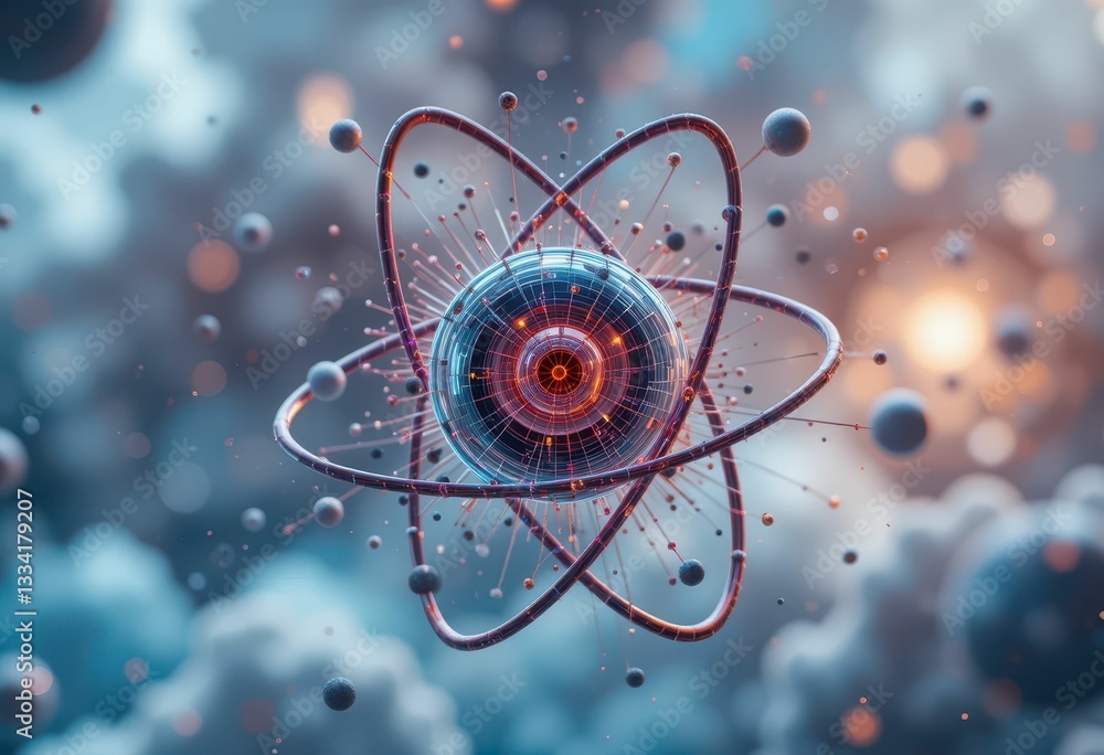 Poster abstract atomic structure with energy particles in cosmic space